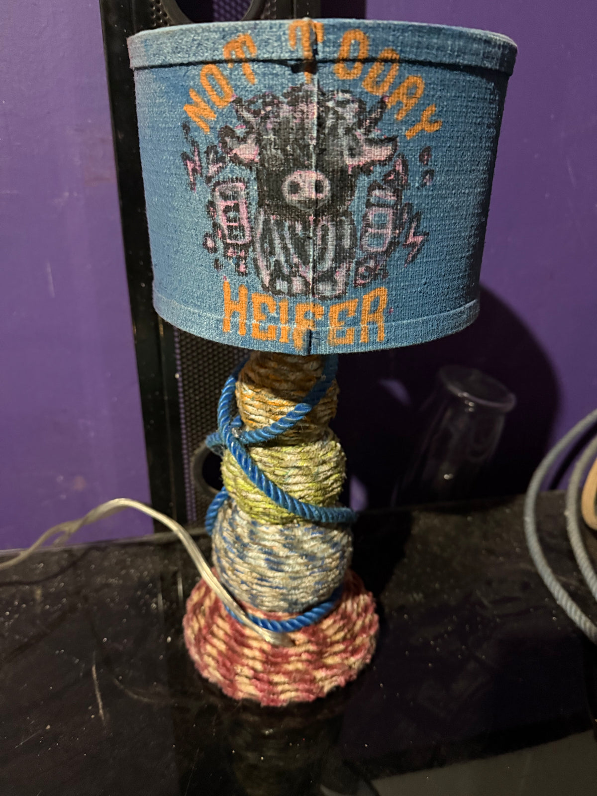 Highlander cow lariat rope lamp
